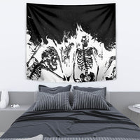 Black and white skeleton fire-themed wall tapestry with flame-like skull artwork