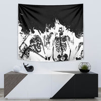 Black and white skeleton fire-themed tapestry featuring skull and ribcage artwork