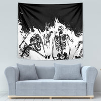 Black and white skeleton fire-themed wall tapestry with roaring flame-style skull graphic