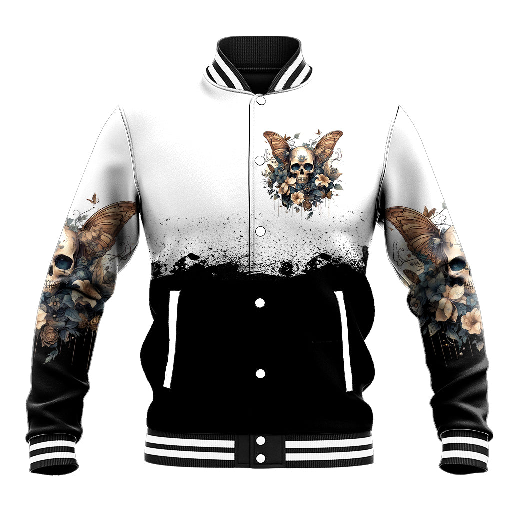 Black and white baseball jacket with striped ribbed collar; front skull, butterflies, floral graphic