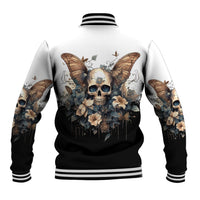 Black and white baseball jacket with striped ribbed collar; back skull, butterflies, floral print