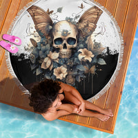 150cm round beach blanket with black butterfly skull floral print and fringed edge