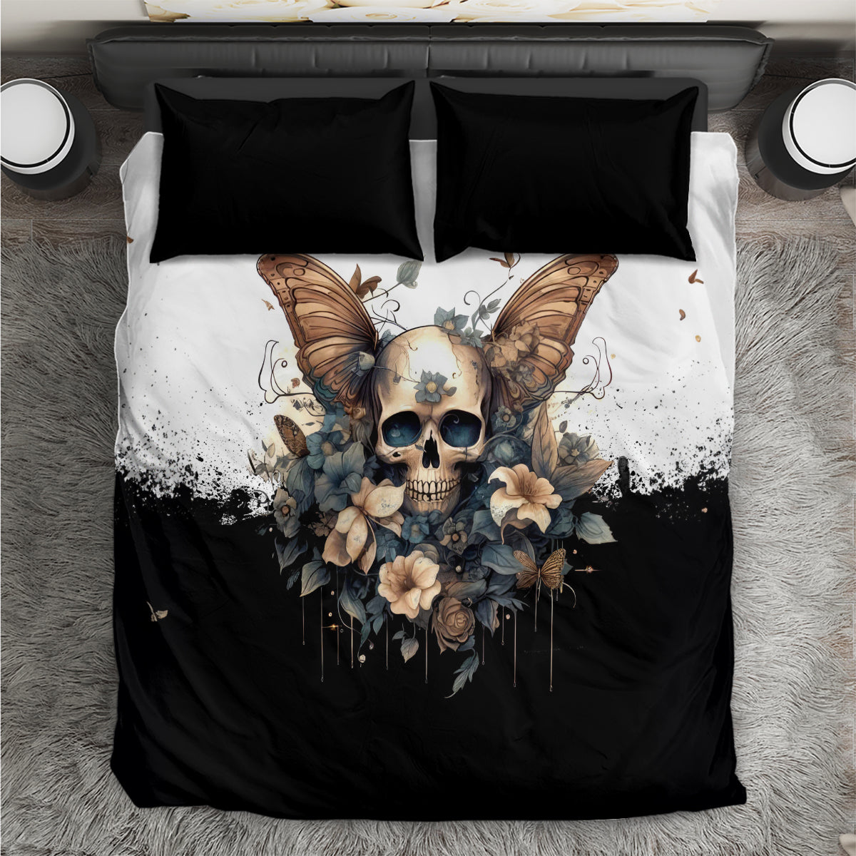 Black bedding set with centered butterfly-skull graphic and two pillowcases