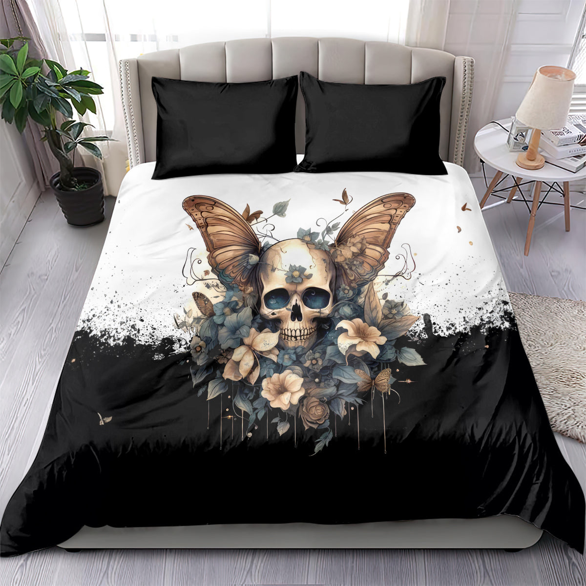 Black bedding set with butterfly skull print and two matching pillowcases