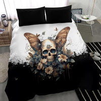 Black bedding set with butterfly skull floral drips design and two pillowcases