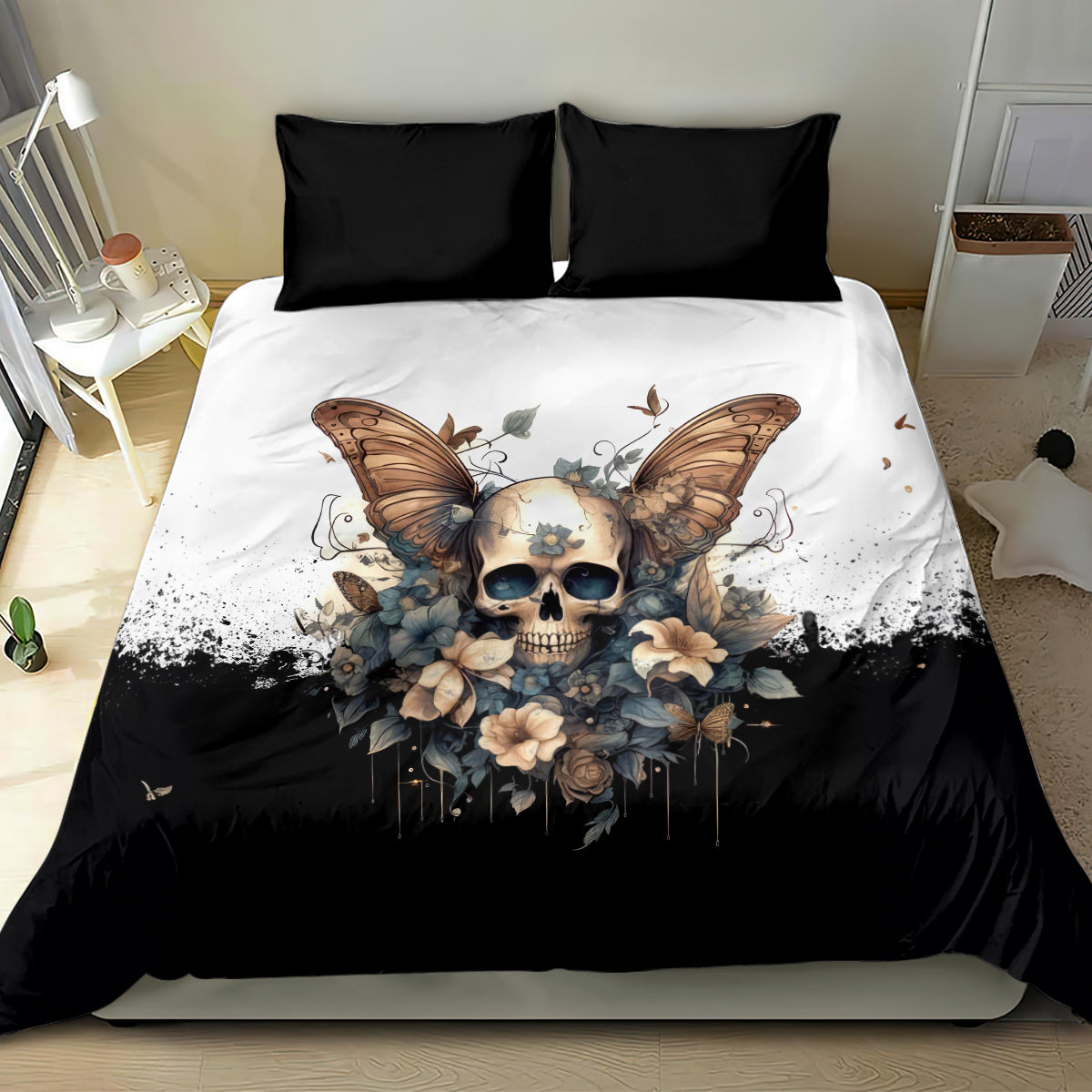 Black bedding set with butterfly skull artwork and two matching pillow shams
