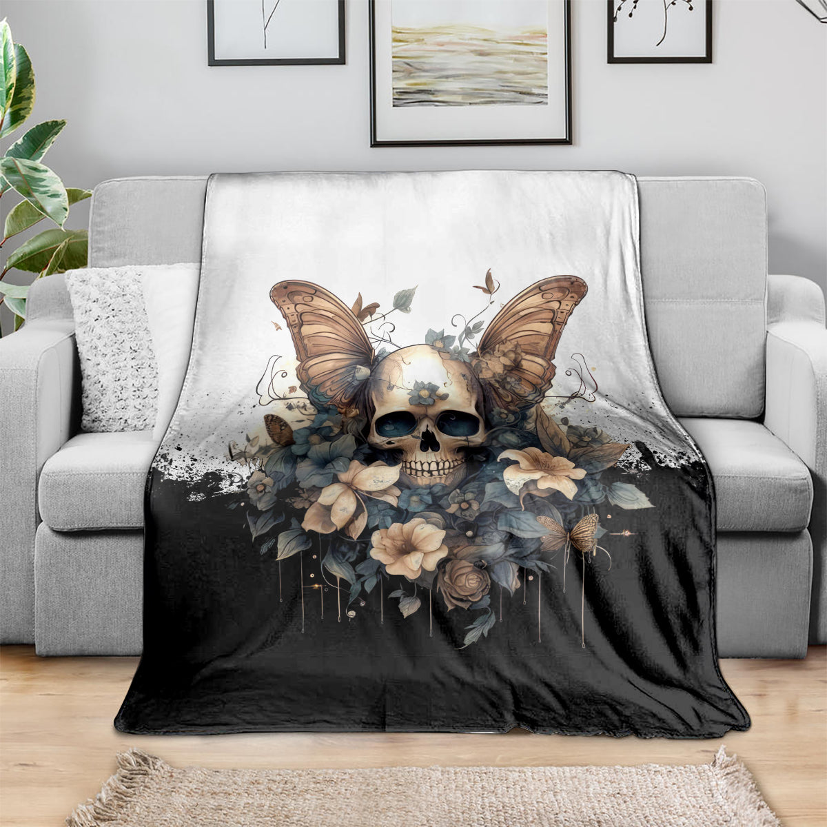 Gothic skull and butterfly flower blanket, black and cream with floral drips