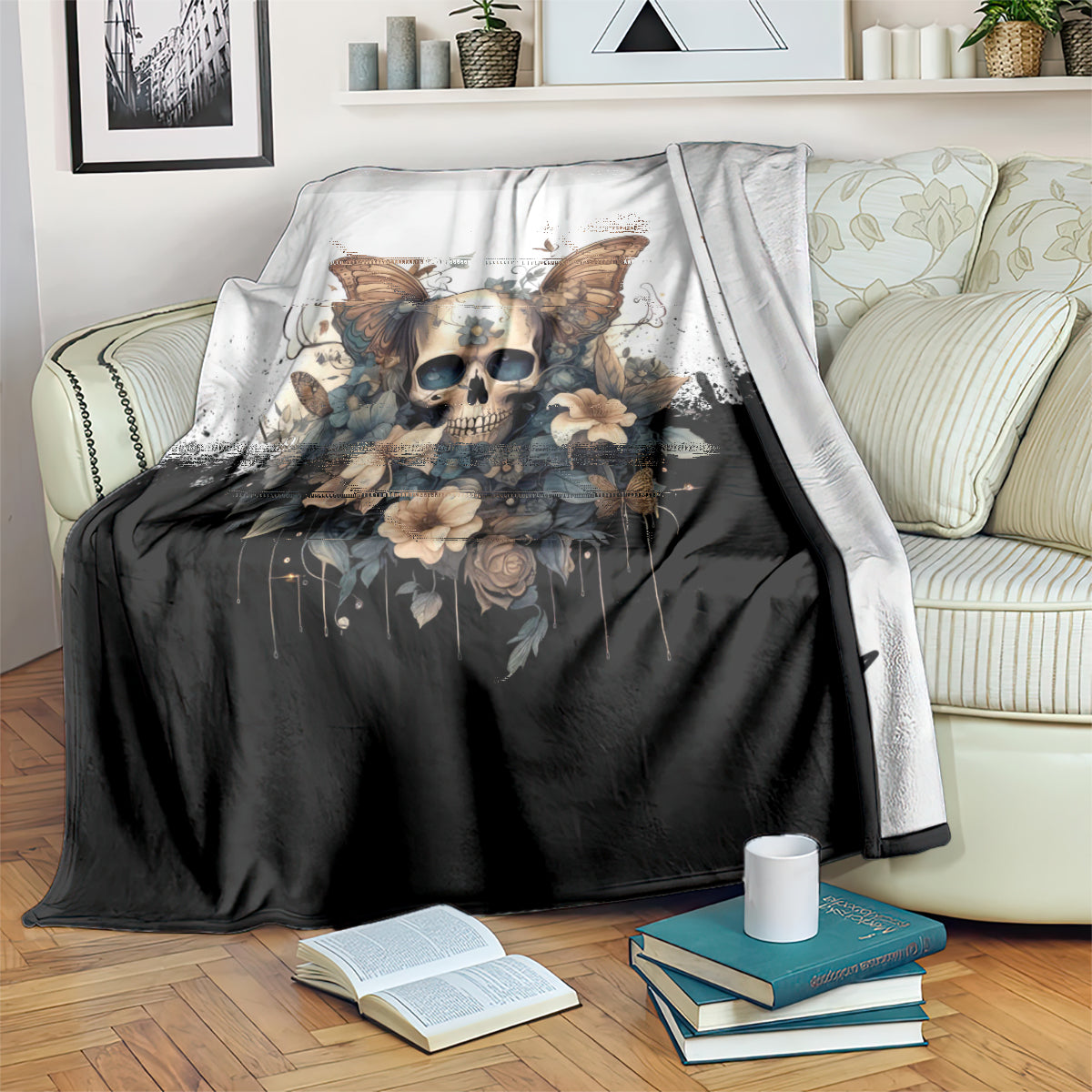 Gothic butterfly skull blanket folded over sofa, white top and black draped section