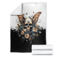 Gothic skull and butterfly flower blanket set, black and cream with rolled stack