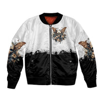 Unisex bomber jacket, zip-front white and black with skull and butterfly graphic