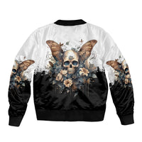 Unisex bomber jacket in white and black with skull, butterflies, and floral print