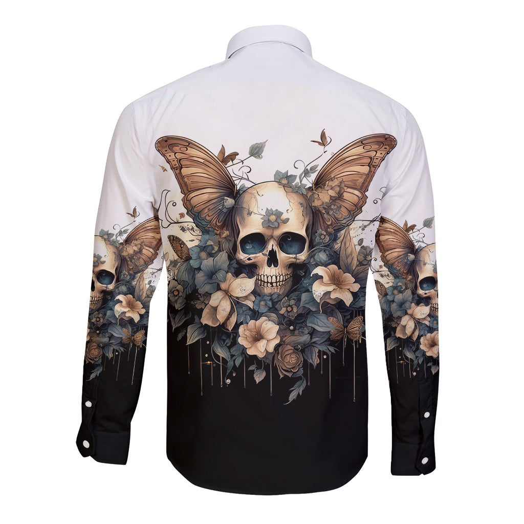 Butterfly Skull Long Sleeve Button Shirt Flower Butterfly Gothic Skull - Wonder Print Shop