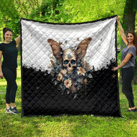 Black and white gothic skull quilt with butterfly wings and floral details, diamond quilting