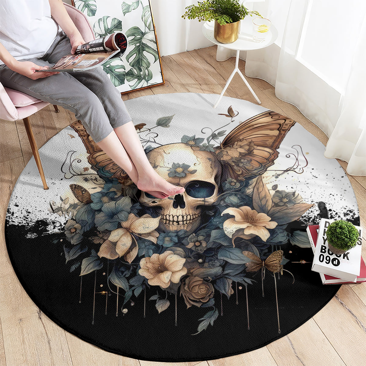 Black round gothic rug with skull, butterflies, and floral design