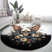 Black round carpet with central skull, large butterfly wings, and floral gothic print