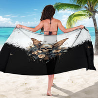 Black-and-white gothic skull and butterfly floral sarong wrap, bold central hem graphic