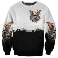 Black and gray crewneck sweatshirt with butterfly skull chest print and splatter design