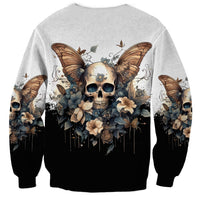 Black and gray gothic skull sweatshirt with butterfly and flower print, long sleeves