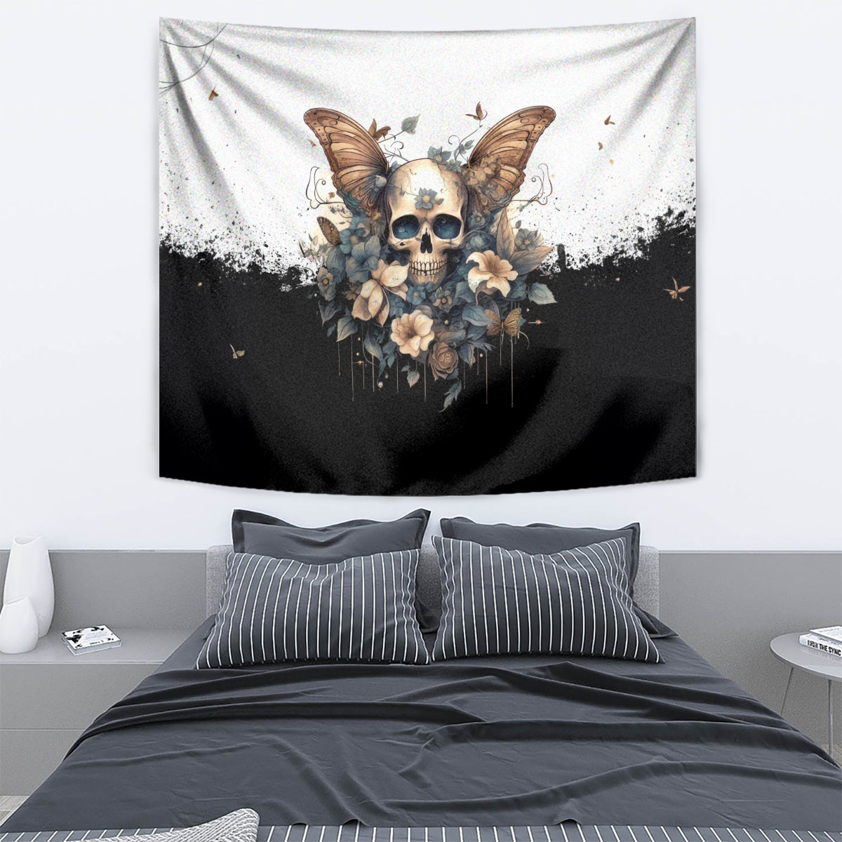 Gothic butterfly skull tapestry with floral bouquet, black and white drips