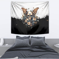 Gothic butterfly skull tapestry with floral bouquet, black and white drips