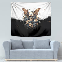 Butterfly skull tapestry with floral details and dripping ink design, black and white