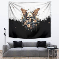 Gothic butterfly skull tapestry featuring roses, splatter details, and dark abstract drips