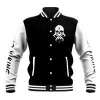 Unisex varsity baseball jacket, front bear-and-skull cross emblem, snap buttons, striped trim