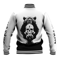 Unisex baseball jacket with bear skull graphic on back, striped ribbed cuffs and hem