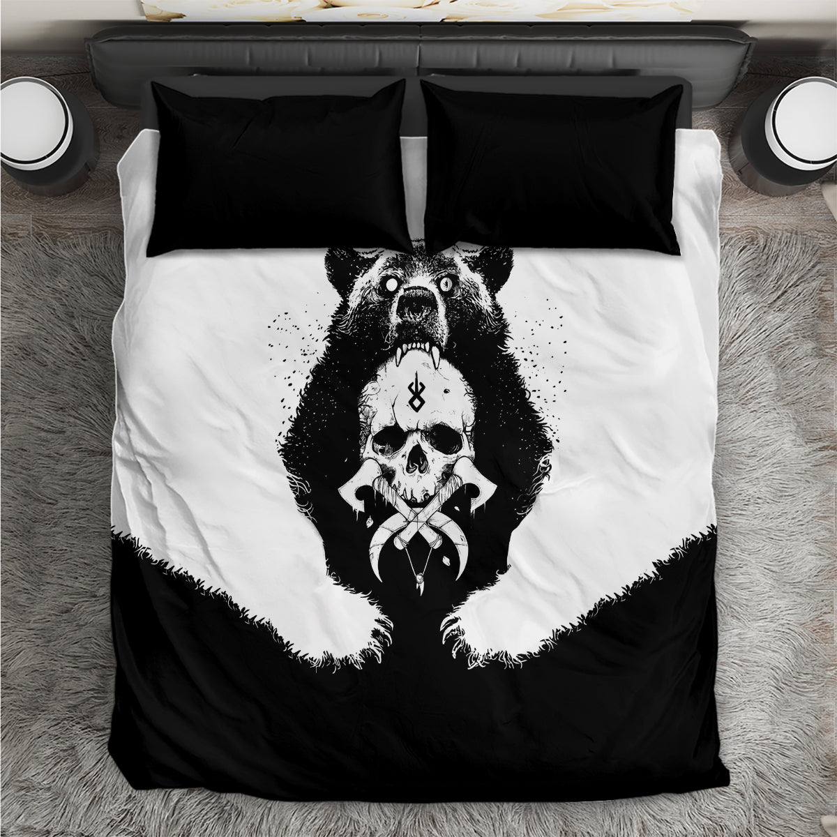 Bear skull graphic duvet cover and two black pillowcases, black and white design