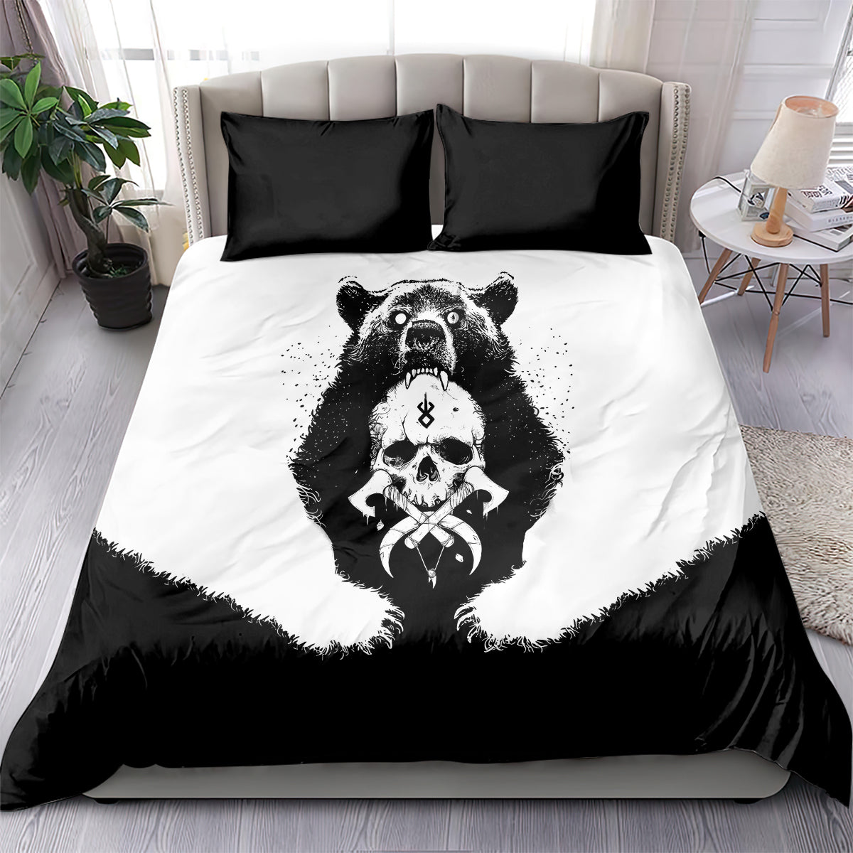 Bear skull graphic duvet cover set in black and white, with two pillowcases