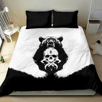 Bear skull duvet cover set with two black pillowcases, black and white centered print
