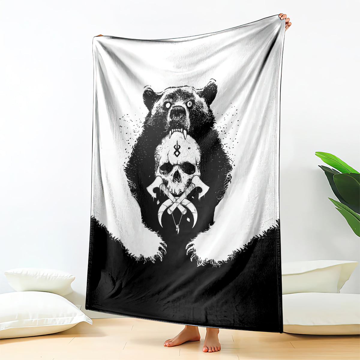 Black and white Viking bear skull throw blanket hanging as wall tapestry