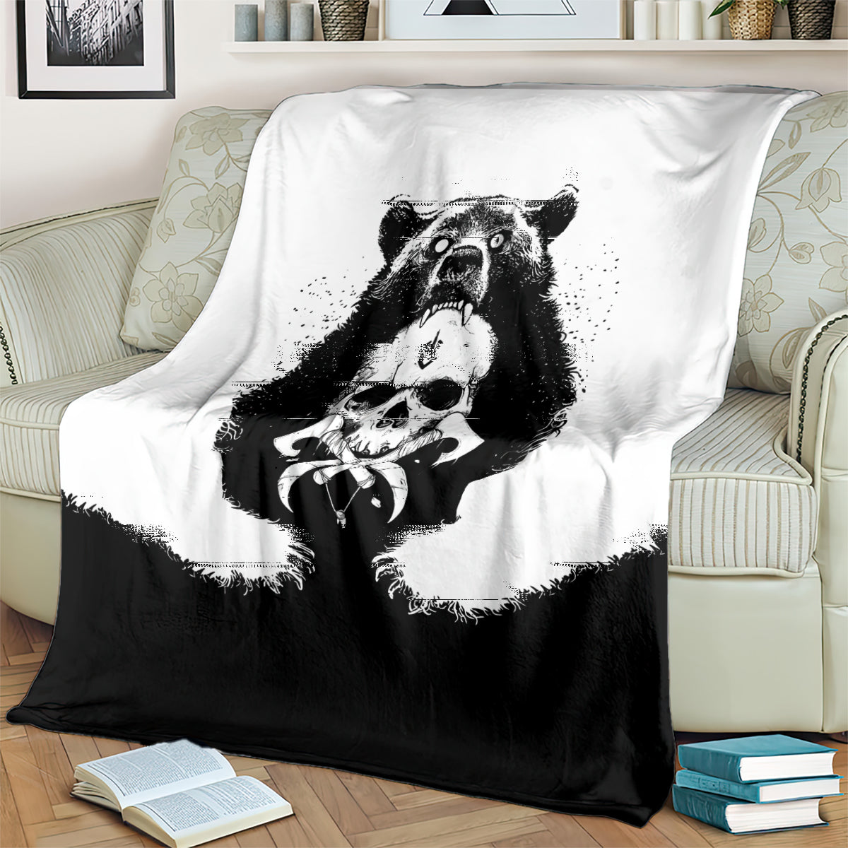 Black and white Viking bear skull throw blanket over couch, bold central bear graphic