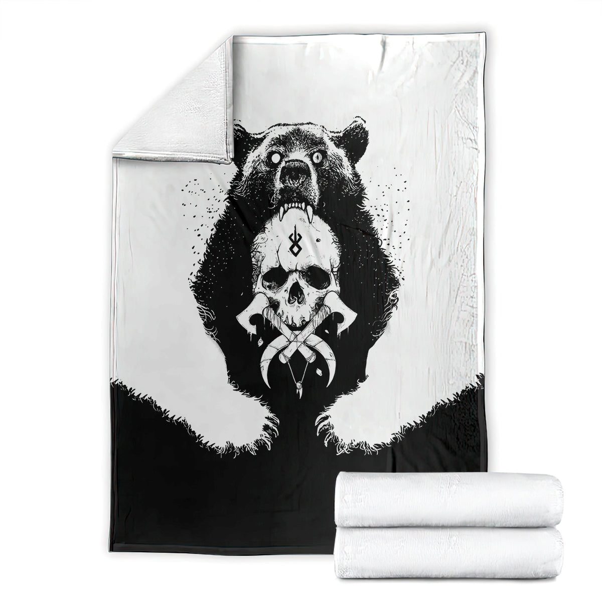 Black and white Viking bear skull throw blanket folded with central bear skull design