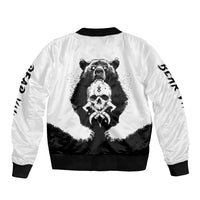 Unisex bomber jacket with panda skull graphic, black collar and ribbed cuffs, white body
