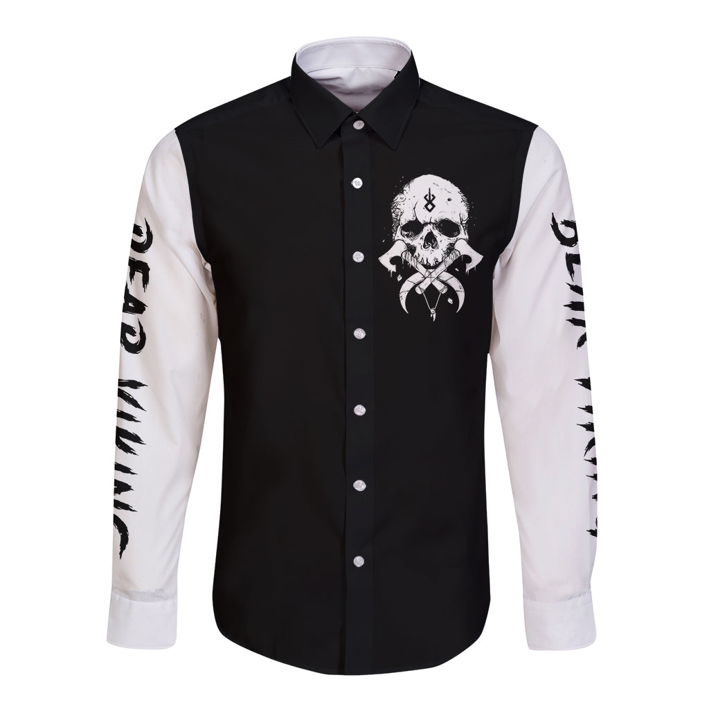Two-tone long sleeve button shirt, black front with bear skull cross graphic