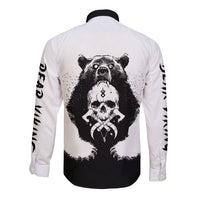 Two-tone long sleeve button shirt, white back graphic of bear skull with cross