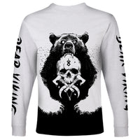 Light long-sleeve shirt with bear skull and Viking cross graphic, black front print