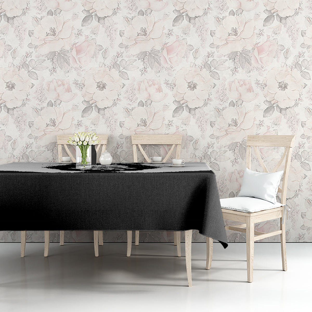 Black tablecloth on dining table with partial bear head graphic