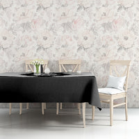 Black tablecloth on dining table with partial bear head graphic