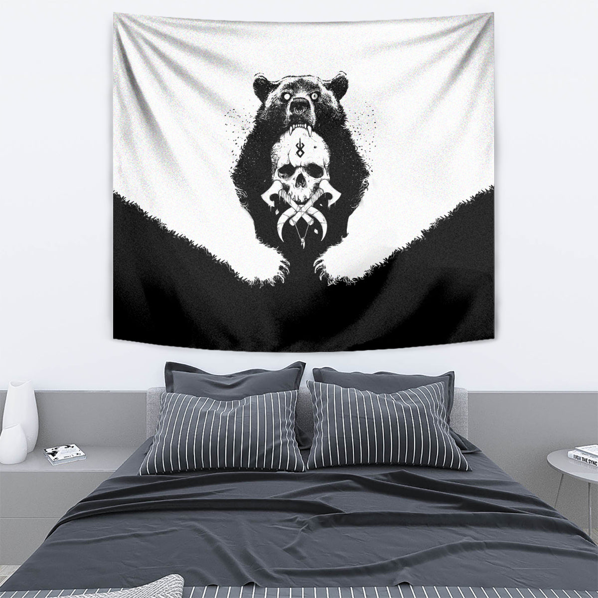 Black-and-white bear with skull tapestry featuring a centered skull graphic and dark angular bands