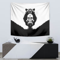 Bear skull tapestry, black-and-white design with a central skull-and-claw motif