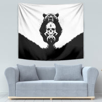Black-and-white bear skull tapestry with centered skull graphic and bold dark lower shapes