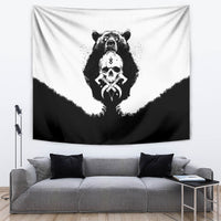 Bear skull wall tapestry in black and white, featuring a centered skull emblem and dark bands
