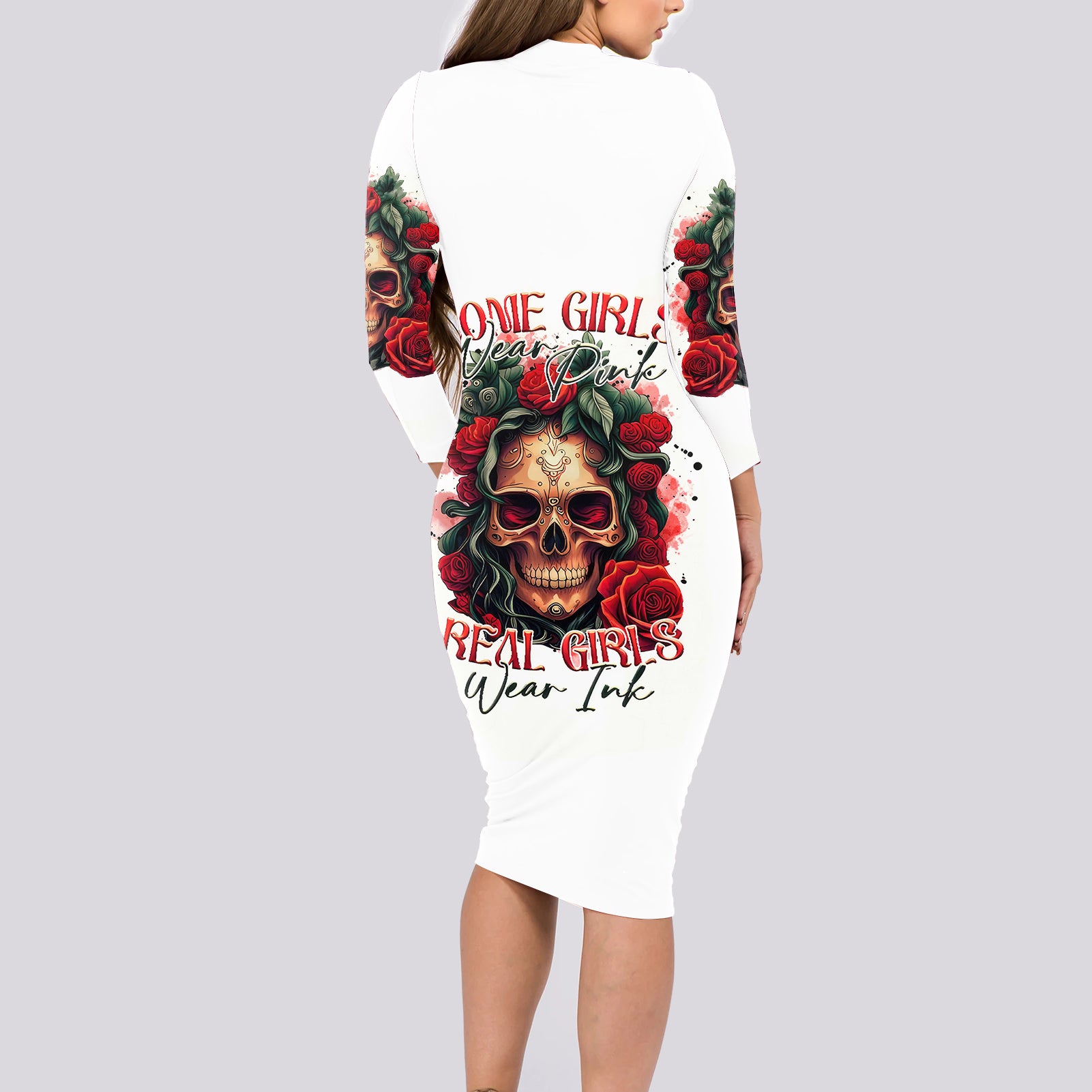 Rose Skull Long Sleeve Bodycon Dress Some Girl Wear Pink Real Girl Wear Ink - Wonder Print Shop