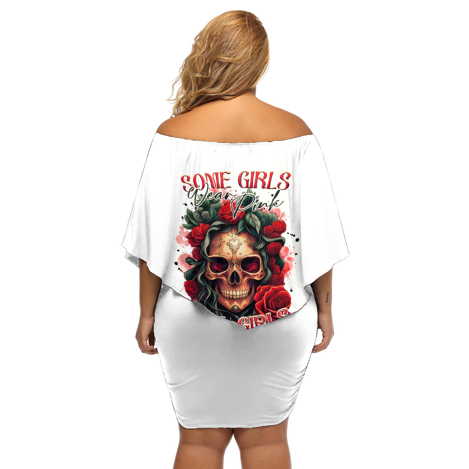 Rose Skull Off Shoulder Short Dress Some Girl Wear Pink Real Girl Wear Ink - Wonder Print Shop