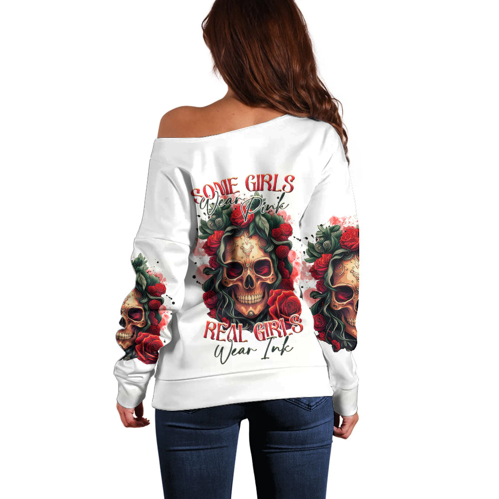 Rose Skull Off Shoulder Sweater Some Girl Wear Pink Real Girl Wear Ink - Wonder Print Shop