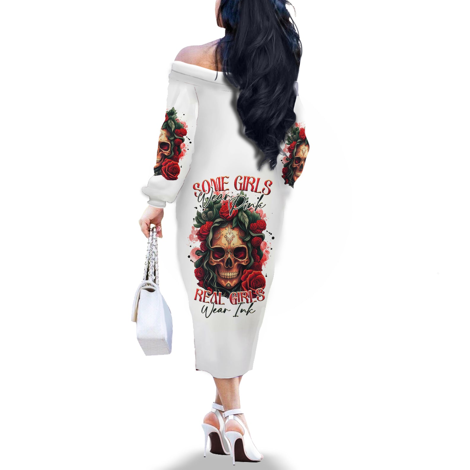 Rose Skull Off The Shoulder Long Sleeve Dress Some Girl Wear Pink Real Girl Wear Ink - Wonder Print Shop