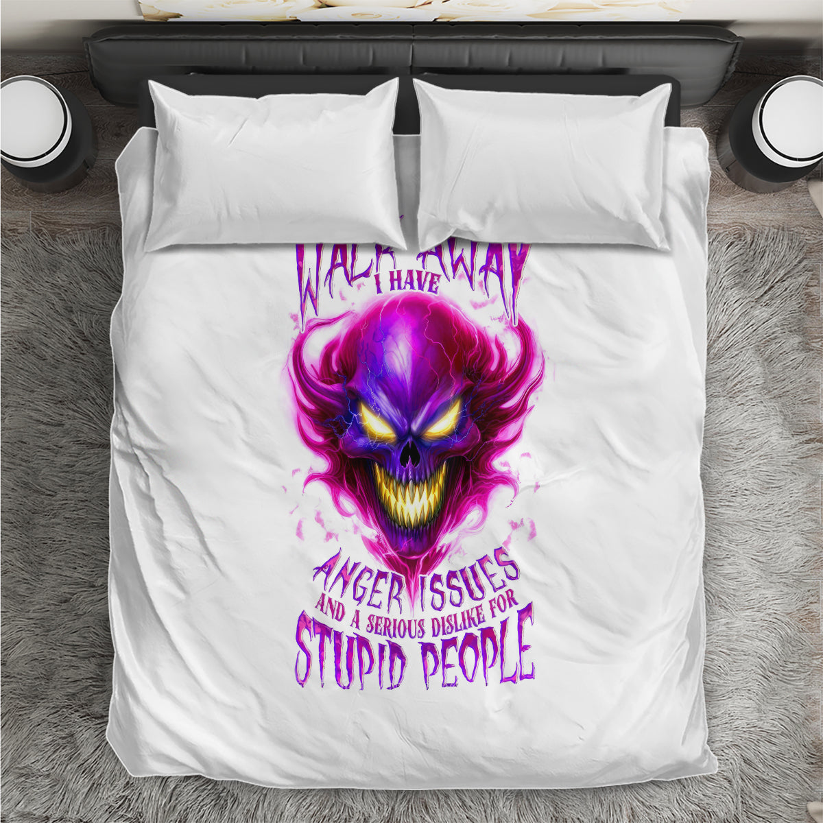 White bedding set with purple flame skull design and 'anger issues' text, two pillows