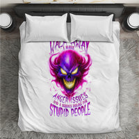 White bedding set with purple flame skull design and 'anger issues' text, two pillows
